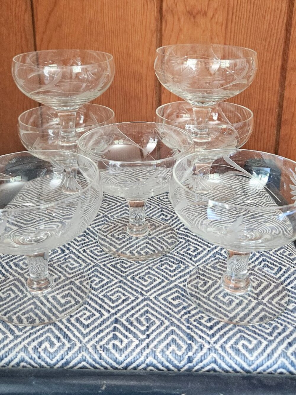 Vintage MCM Etched Coupe Glasses, Set of 7, No chips or cracks!